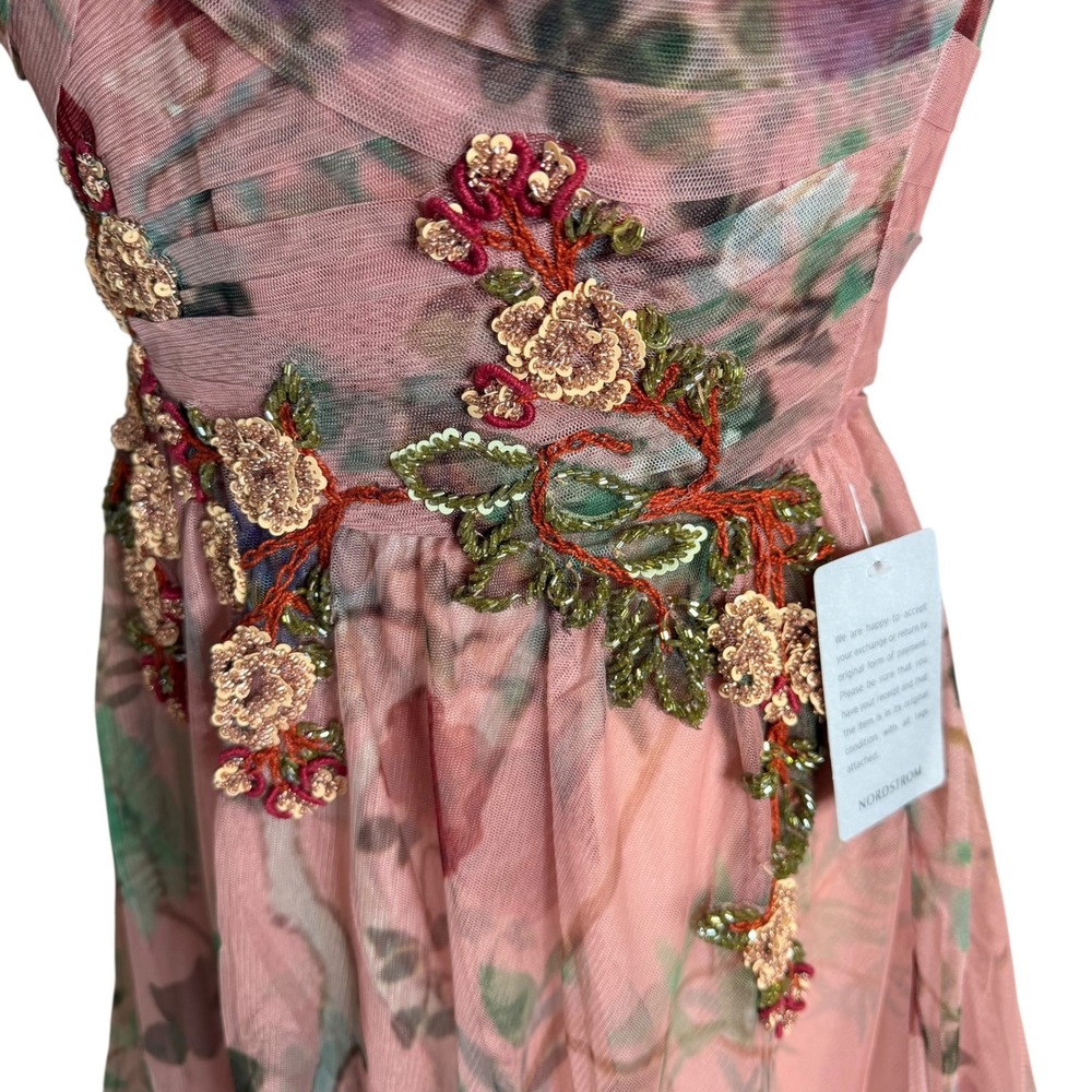 PATBO Pink Floral Print Tulle Evening Gown Beaded Garden Fairy Women's Size 8 - Picture 6 of 13